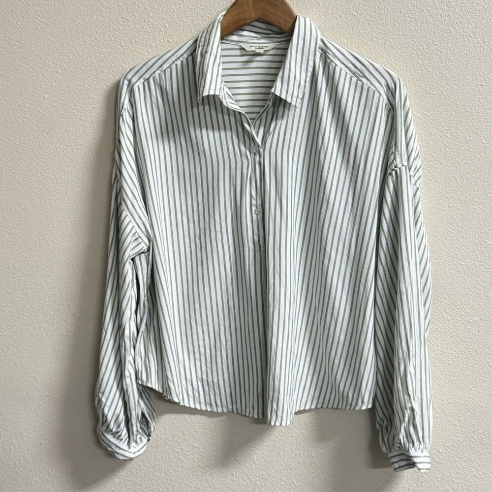 Max Studio London Women's XL Green White Striped Popover Shirt Long Sleeve